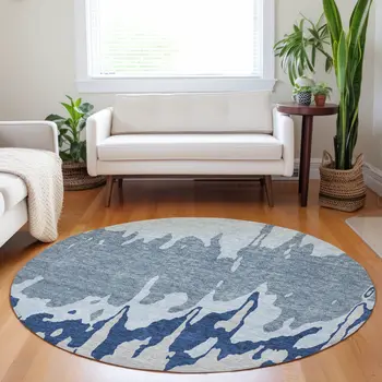 8' Sky Blue And Denim Blue Round Abstract Washable Indoor Outdoor Area Rug