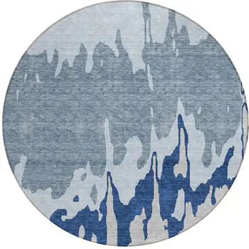 8' Sky Blue And Denim Blue Round Abstract Washable Indoor Outdoor Area Rug