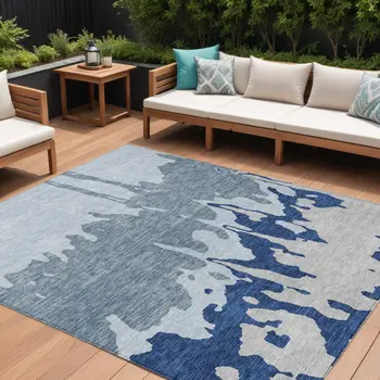 10' X 14' Sky Blue And Denim Blue Abstract Washable Indoor Outdoor Area Rug