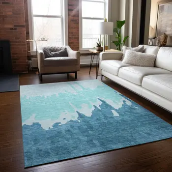 3' X 5' Teal Blue And Aqua Abstract Washable Indoor Outdoor Area Rug