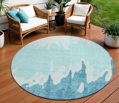 8' Teal Blue And Aqua Round Abstract Washable Indoor Outdoor Area Rug
