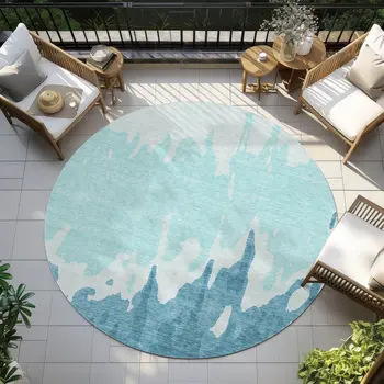 8' Teal Blue And Aqua Round Abstract Washable Indoor Outdoor Area Rug