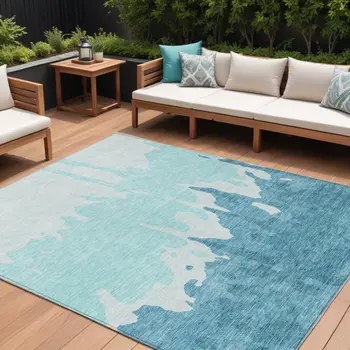 10' X 14' Teal Blue And Aqua Abstract Washable Indoor Outdoor Area Rug