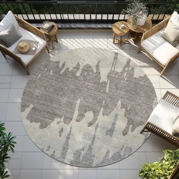 8' Taupe And Beige Round Abstract Washable Indoor Outdoor Area Rug