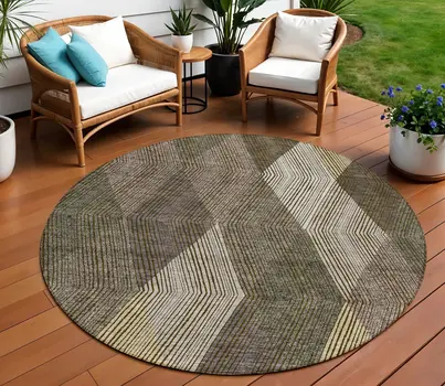 8' Brown Beige And Gold Round Argyle Washable Indoor Outdoor Area Rug