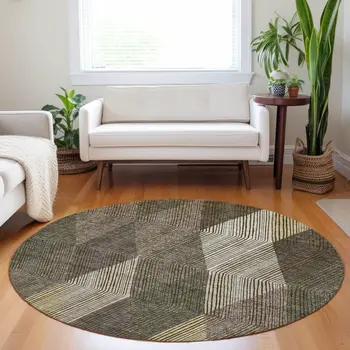 8' Brown Beige And Gold Round Argyle Washable Indoor Outdoor Area Rug