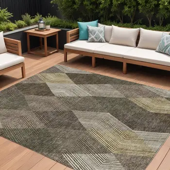 10' X 14' Brown Beige And Gold Argyle Washable Indoor Outdoor Area Rug