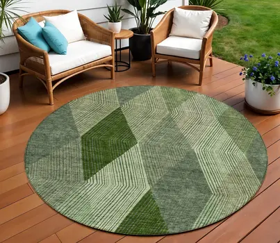 8' Green Mint Green And Sage Round Argyle Washable Indoor Outdoor Area Rug