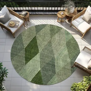 8' Green Mint Green And Sage Round Argyle Washable Indoor Outdoor Area Rug