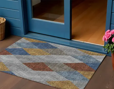 3' X 5' Gray Gold And Blue Argyle Washable Indoor Outdoor Area Rug