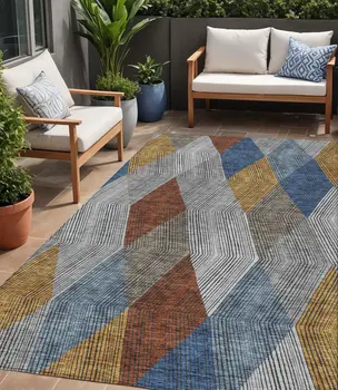 5' X 8' Gray Gold And Blue Argyle Washable Indoor Outdoor Area Rug