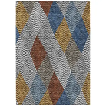 5' X 8' Gray Gold And Blue Argyle Washable Indoor Outdoor Area Rug