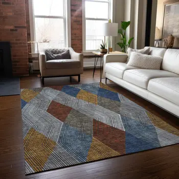 5' X 8' Gray Gold And Blue Argyle Washable Indoor Outdoor Area Rug