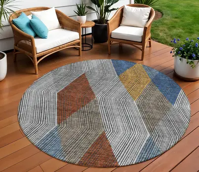 8' Gray Gold And Blue Round Argyle Washable Indoor Outdoor Area Rug
