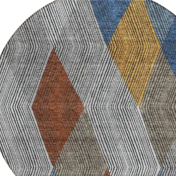 8' Gray Gold And Blue Round Argyle Washable Indoor Outdoor Area Rug