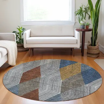 8' Gray Gold And Blue Round Argyle Washable Indoor Outdoor Area Rug