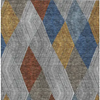 8' X 10' Gray Gold And Blue Argyle Washable Indoor Outdoor Area Rug