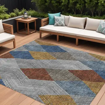 9' X 12' Gray Gold And Blue Argyle Washable Indoor Outdoor Area Rug