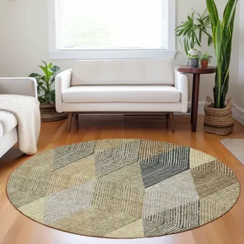 8' Brown Gold And Taupe Round Argyle Washable Indoor Outdoor Area Rug