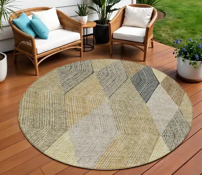 8' Brown Gold And Taupe Round Argyle Washable Indoor Outdoor Area Rug