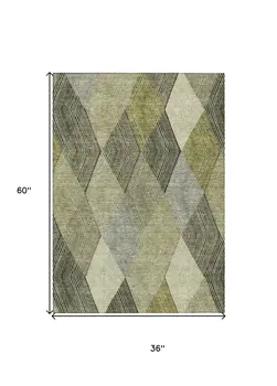 3' X 5' Olive Green Gray And Ivory Argyle Washable Indoor Outdoor Area Rug