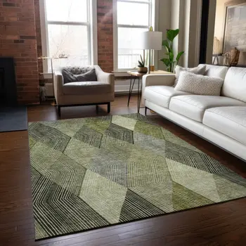5' X 8' Olive Green Gray And Ivory Argyle Washable Indoor Outdoor Area Rug