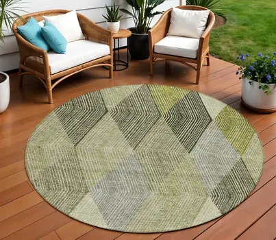 8' Olive Green Gray And Ivory Round Argyle Washable Indoor Outdoor Area Rug