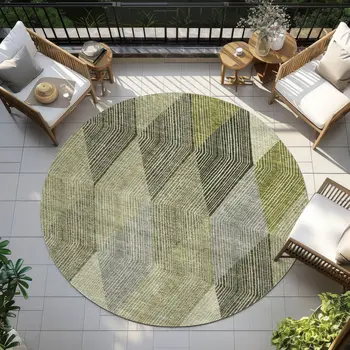 8' Olive Green Gray And Ivory Round Argyle Washable Indoor Outdoor Area Rug