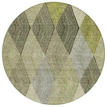 8' Olive Green Gray And Ivory Round Argyle Washable Indoor Outdoor Area Rug
