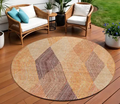 8' Orange Peach And Ruby Red Round Argyle Washable Indoor Outdoor Area Rug