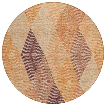 8' Orange Peach And Ruby Red Round Argyle Washable Indoor Outdoor Area Rug