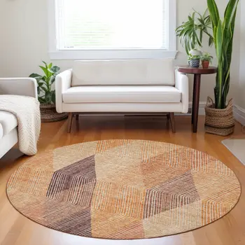 8' Orange Peach And Ruby Red Round Argyle Washable Indoor Outdoor Area Rug