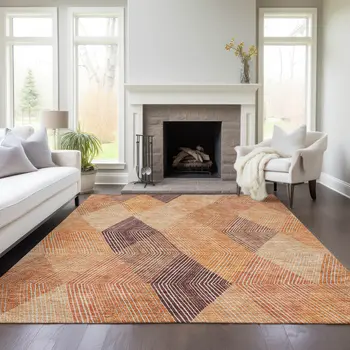 9' X 12' Orange Peach And Ruby Red Argyle Washable Indoor Outdoor Area Rug