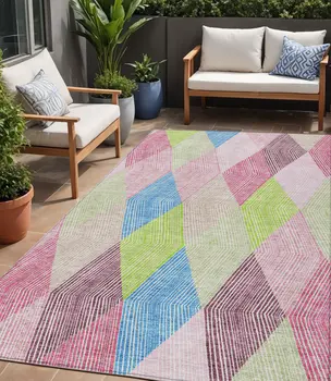 5' X 8' Pink Blue And Mint Green Argyle Washable Indoor Outdoor Area Rug
