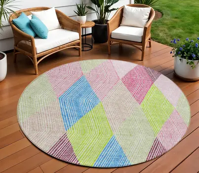 8' Pink Blue And Mint Green Round Argyle Washable Indoor Outdoor Area Rug