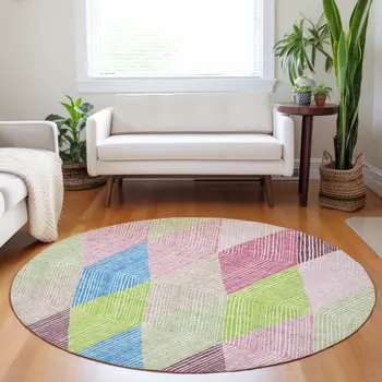8' Pink Blue And Mint Green Round Argyle Washable Indoor Outdoor Area Rug