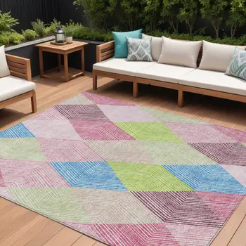 8' X 10' Pink Blue And Mint Green Argyle Washable Indoor Outdoor Area Rug
