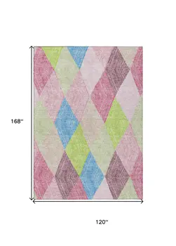 10' X 14' Pink Blue And Mint Green Argyle Washable Indoor Outdoor Area Rug