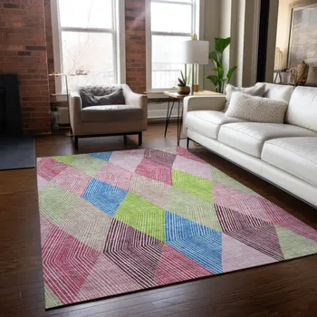 10' X 14' Pink Blue And Mint Green Argyle Washable Indoor Outdoor Area Rug
