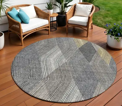 8' Pewter Gray And Gold Round Argyle Washable Indoor Outdoor Area Rug