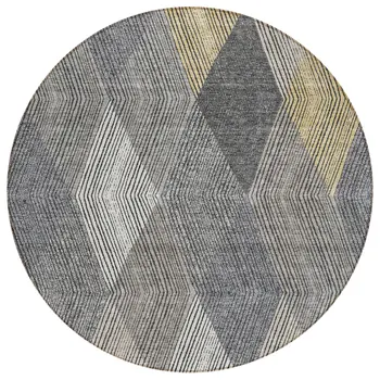 8' Pewter Gray And Gold Round Argyle Washable Indoor Outdoor Area Rug