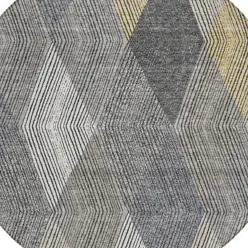 8' Pewter Gray And Gold Round Argyle Washable Indoor Outdoor Area Rug