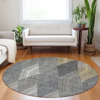 8' Pewter Gray And Gold Round Argyle Washable Indoor Outdoor Area Rug