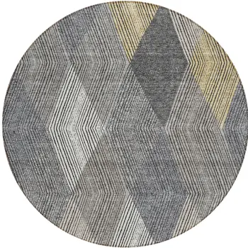 8' Pewter Gray And Gold Round Argyle Washable Indoor Outdoor Area Rug