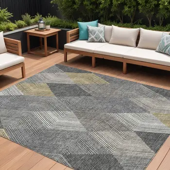 9' X 12' Pewter Gray And Gold Argyle Washable Indoor Outdoor Area Rug