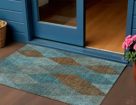 3' X 5' Teal Blue Aqua And Brown Argyle Washable Indoor Outdoor Area Rug