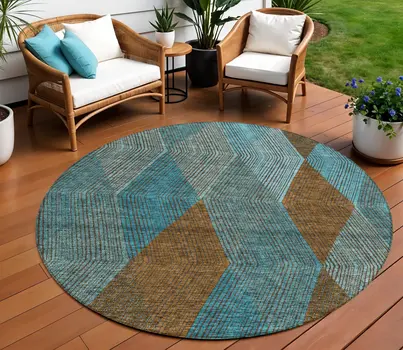 8' Teal Blue Aqua And Brown Round Argyle Washable Indoor Outdoor Area Rug
