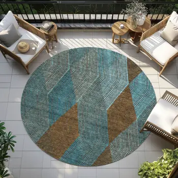 8' Teal Blue Aqua And Brown Round Argyle Washable Indoor Outdoor Area Rug