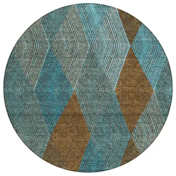 8' Teal Blue Aqua And Brown Round Argyle Washable Indoor Outdoor Area Rug