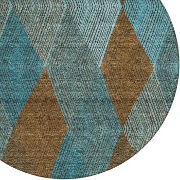 8' Teal Blue Aqua And Brown Round Argyle Washable Indoor Outdoor Area Rug